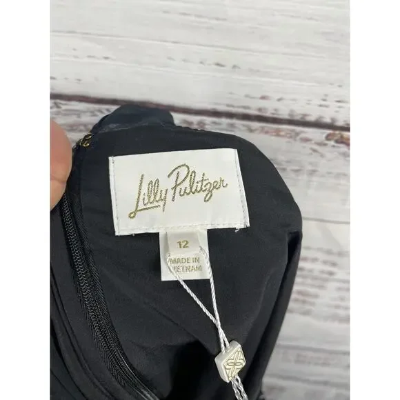 Lilly Pulitzer Dress Women's 12 Black Silk Sheer Sleeve Metallic Beaded Shift - Picture 3 of 8